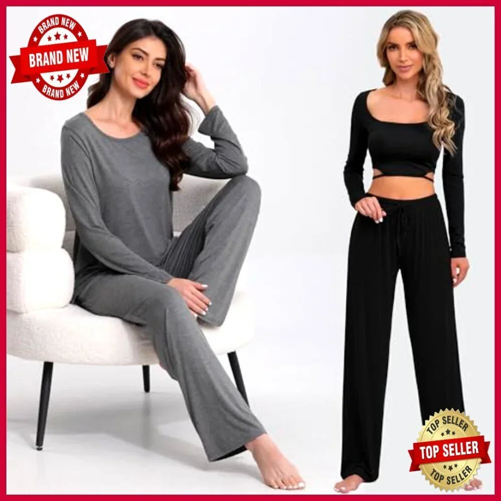 Soft Wide Leg Lounge Pants 4 Pack Drawstring Elastic Waist Comfortable